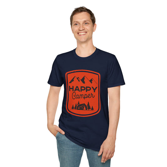 Happy Camper Unisex Softstyle T-Shirt | Outdoor Adventure Tee, Camping Gear, Gift for Camp Lovers, Nature Enthusiast Shirt