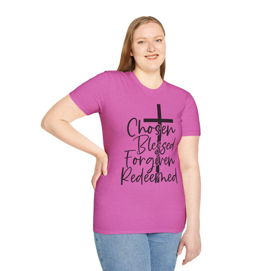 Faith-Inspired Unisex T-Shirt, Chosen Blessed Forgiven Redeemed Tee, Christian Apparel, Inspirational Gifts, Casual Wear, Spiritual Clothing